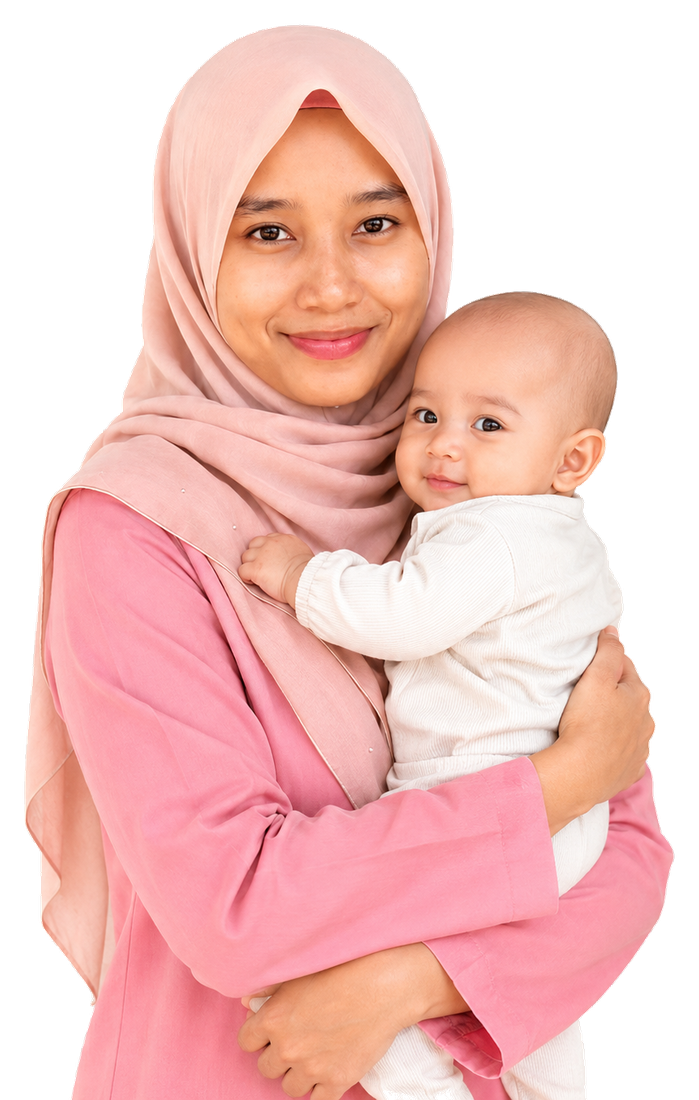 Nadrah memegang bayi dengan ekspresi lembut dan yakin