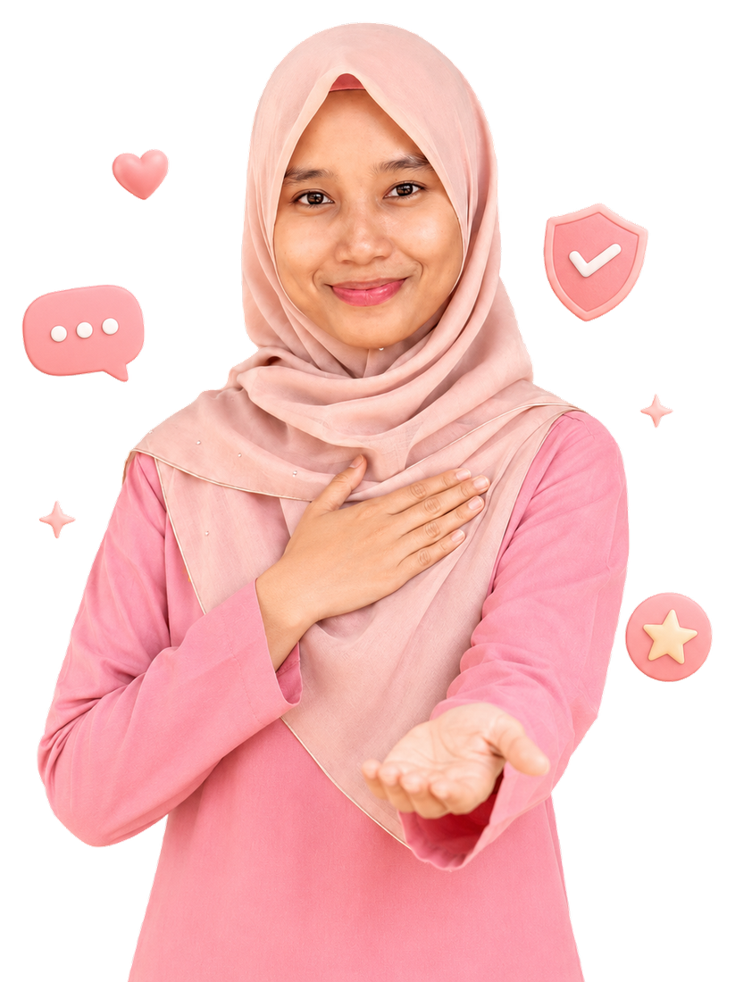 Nadrah dengan icon sokongan, kepercayaan dan testimoni